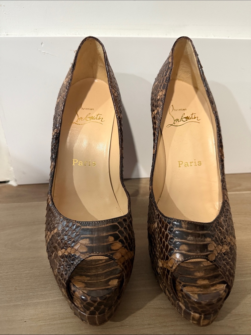 Christian Louboutin Brown Snakeskin Peep-Toe Pumps
